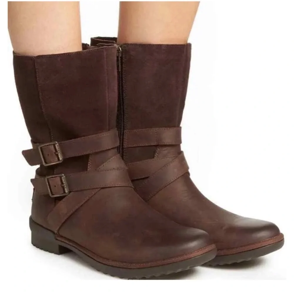 UGG Lorna Waterproof Leather Booties Coconut Brown Size 5 Shearling Lined NWT